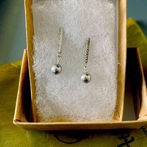 Sterling Silver Pave Bar With Grey Swaovski Pearl 1 inch drop earrings